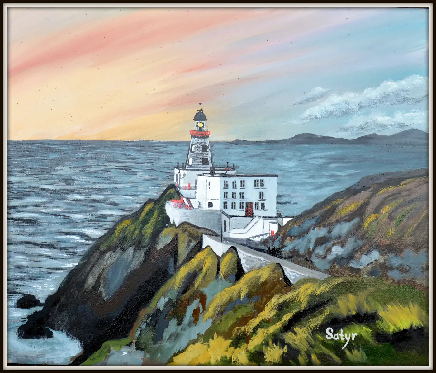 Картина «Маяк Fanad Head» — маяк на скелі біля моря на заході сонця