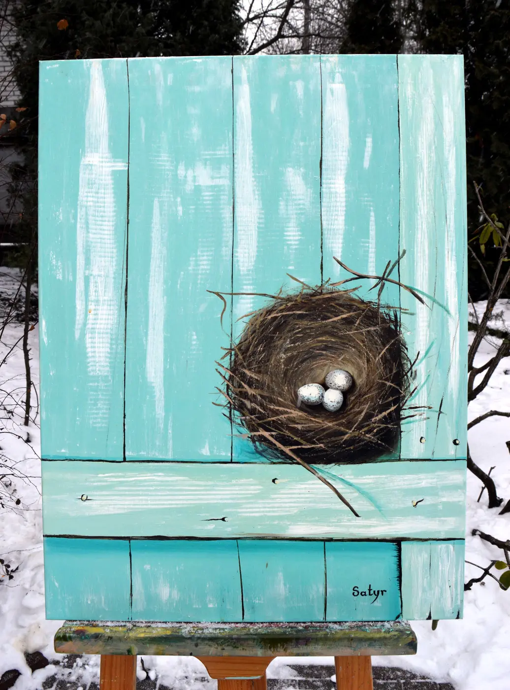 Картина «Невидиме майбутнє, сховане всередині» — пташине гніздо з яйцями на бірюзовому паркані