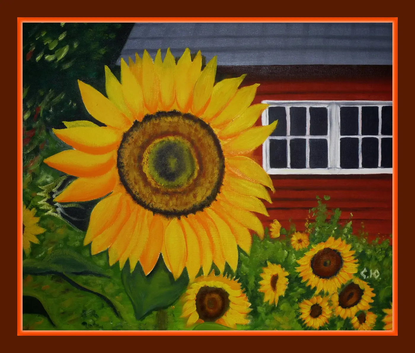 Картина «Батьківська хата» — великий соняшник перед українською хатою