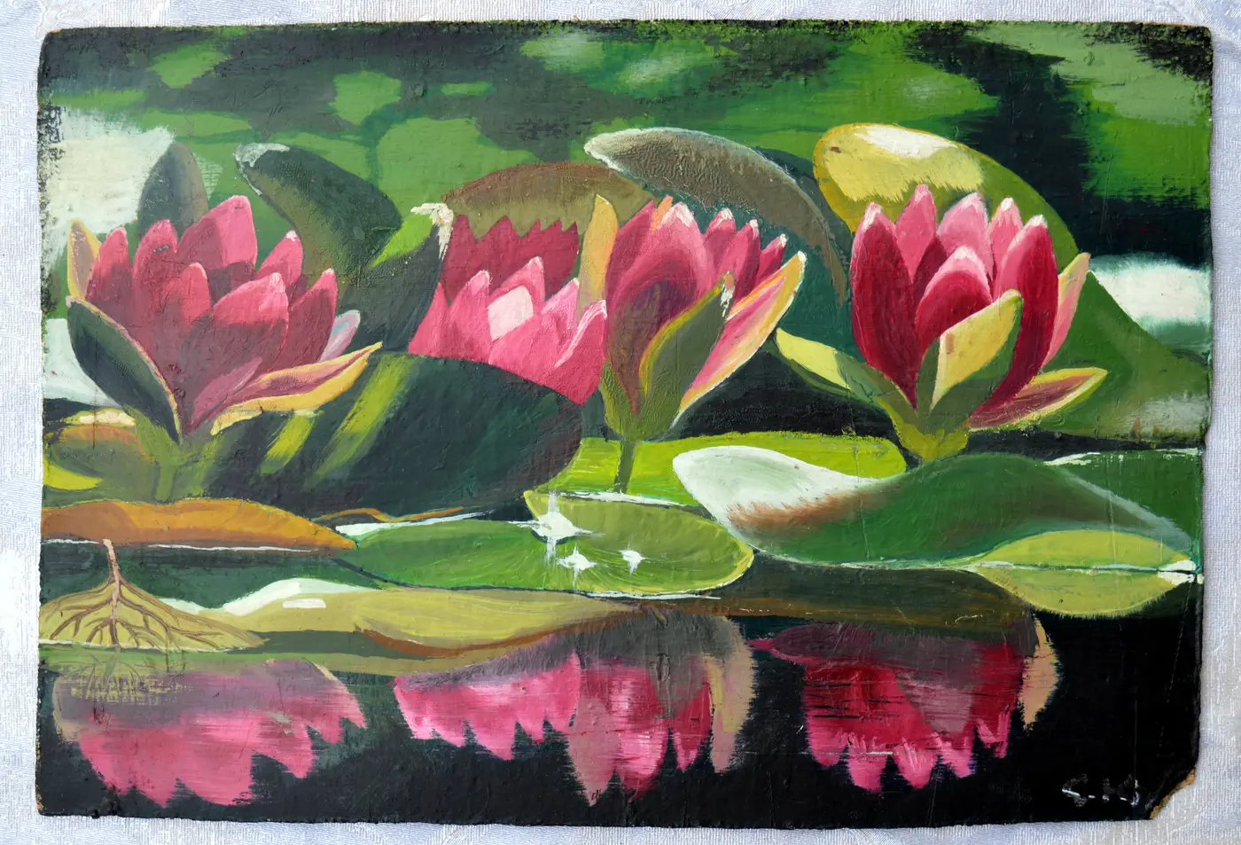Картина «Водяні лілії» — рожеві лотоси з відображенням на темній воді