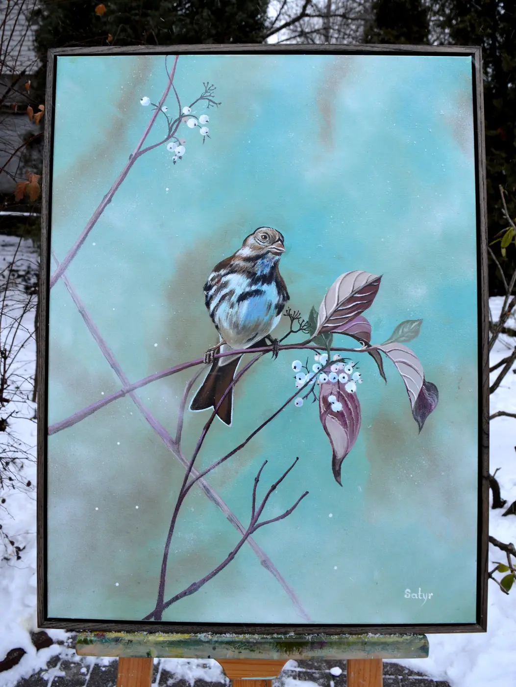 Картина «Пісня для одного серця» — пташка на гілці з білими ягодами