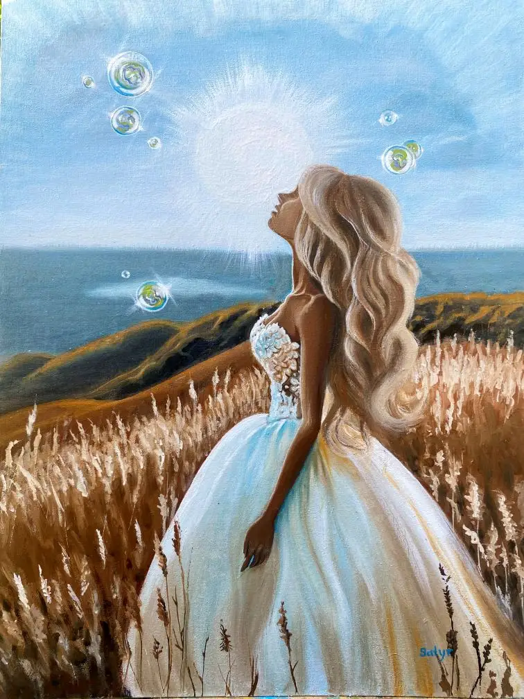 Картина «Простору!» — дівчина у білій сукні у полі біля моря